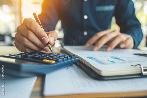 The image shows a man doing finances at home at his desk, using a calculator to calculate expenses on a notebook with a laptop computer; coffee is on the table, as well as a mobile phone. photo