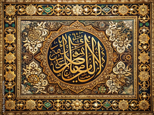 Intricately decorated Arabic calligraphy of Quranic verse on ornate tapestry, golden accents shining against a soft, muted background, conveying spirituality and Islamic faith.