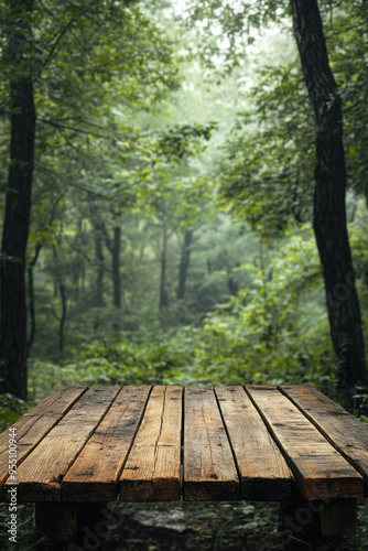 Wooden Display Platform, A rustic wooden platform set in a peaceful forest, perfect for displaying products or artistic creations in nature