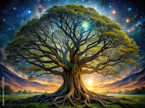 Intricate, Towering Tree With Spiraling Branches And Roots, Representing The Interconnectedness Of The Cosmos In Norse Mythology. photo