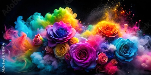 Vibrant roses in a swirl of colorful smoke create a stunning visual display in a dark setting
