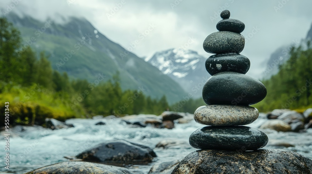 Stack of smooth river stones balanced on each other, with a mountain stream in the background Stack of smooth river stones balanced on each other, with a mountain stream in the background
