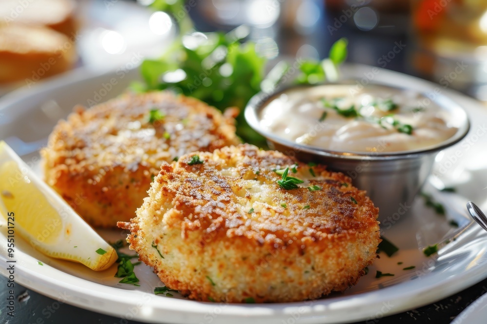 A serving of spicy crab cakes, golden brown and crispy, served with a zesty remoulade sauce and a lemon wedge A serving of spicy crab cakes, golden brown and crispy, served with a zesty remoulade sauce and a lemon wedge