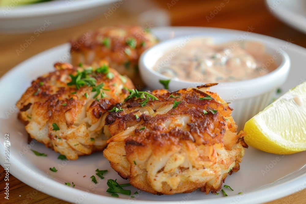 A serving of spicy crab cakes, golden brown and crispy, served with a zesty remoulade sauce and a lemon wedge A serving of spicy crab cakes, golden brown and crispy, served with a zesty remoulade sauce and a lemon wedge