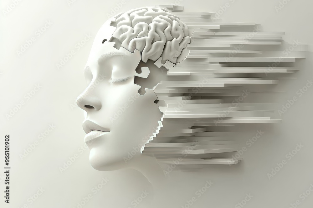 Telepathy Mental effort Abstract white sculpture of a head with brain dissolving into particles symbolizing the fragility of thought and the disintegration of identity in minimalistic modern design Telepathy Mental effort Abstract white sculpture of a head with brain dissolving into particles symbolizing the fragility of thought and the disintegration of identity in minimalistic modern design