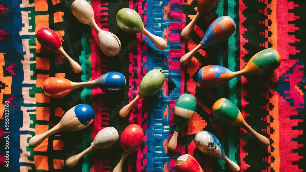 Fototapeta premium Colorful Maracas on a Vibrant Mexican Blanket
