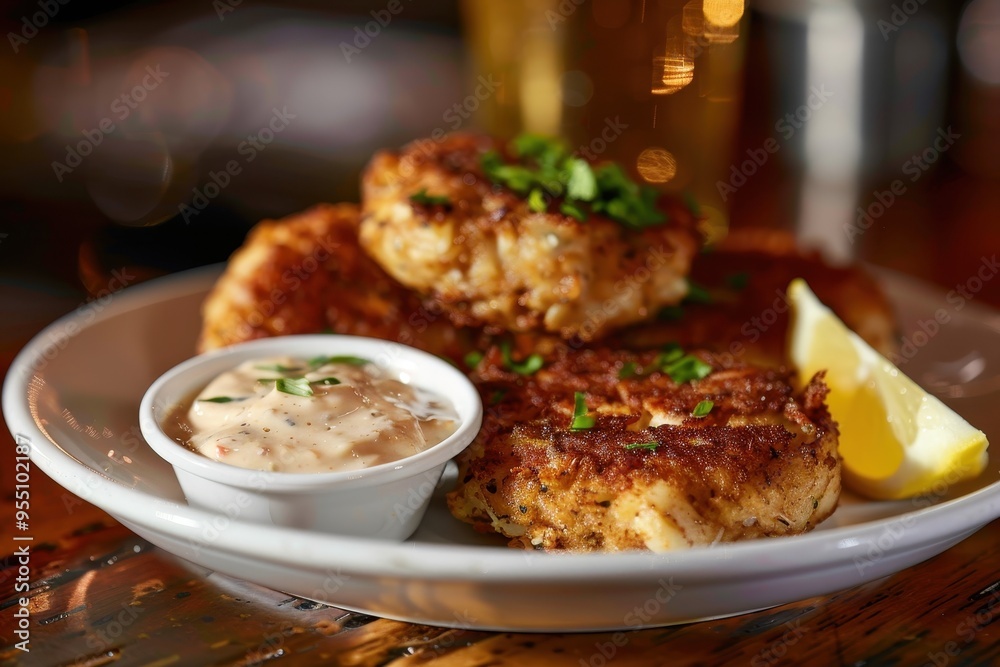 A serving of spicy crab cakes, golden brown and crispy, served with a zesty remoulade sauce and a lemon wedge A serving of spicy crab cakes, golden brown and crispy, served with a zesty remoulade sauce and a lemon wedge