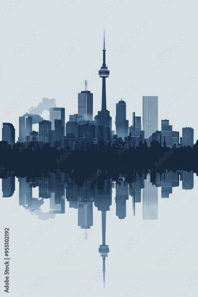 Obraz premium Minimalist city skyline with reflection. 