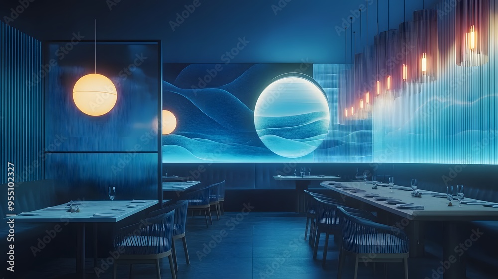 A cool-toned dining atmosphere with intricate 3D-rendered noodle bowls