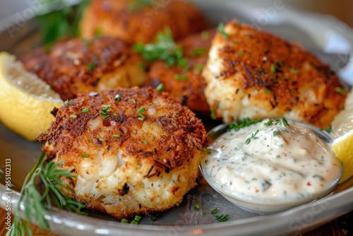 A serving of spicy crab cakes, golden brown and crispy, served with a zesty remoulade sauce and a lemon wedge