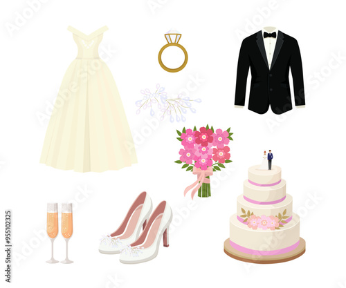 Set of wedding accessories, decorations. Cake with flowers and groom, bride dolls, bouquet, engagement ring, dress, suit, glasses of champagne, bridesmaid shoes. Vector illustration
