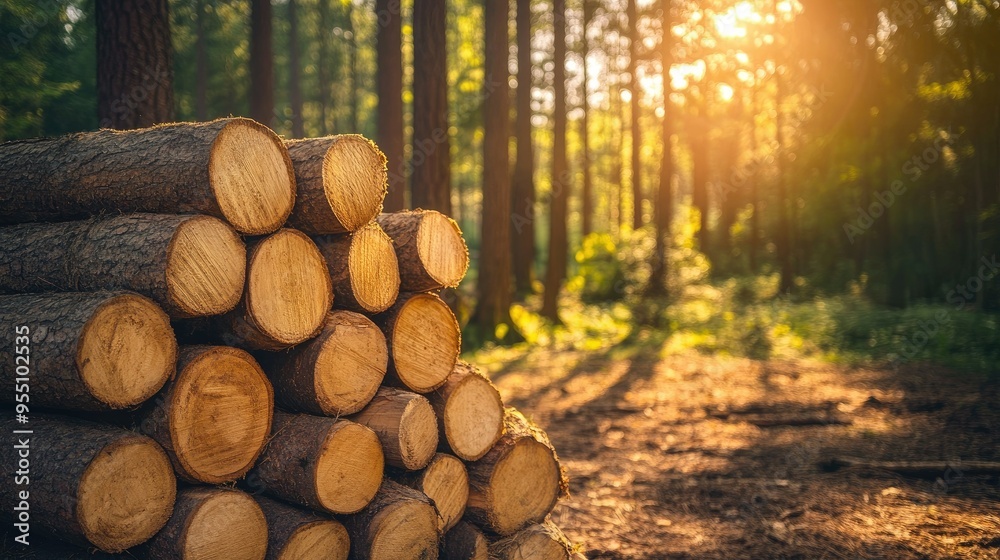 Stack of wooden logs neatly piled in a forest clearing, with sunlight filtering through the trees Stack of wooden logs neatly piled in a forest clearing, with sunlight filtering through the trees