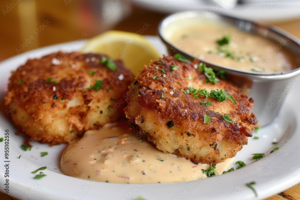 A serving of spicy crab cakes, golden brown and crispy, served with a zesty remoulade sauce and a lemon wedge A serving of spicy crab cakes, golden brown and crispy, served with a zesty remoulade sauce and a lemon wedge