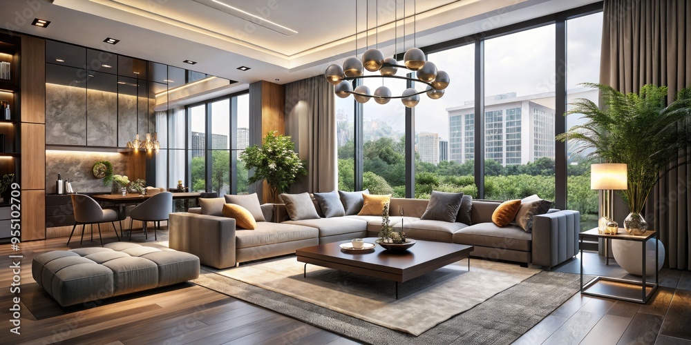 Luxurious modern living room features sleek lines, minimal decor, large windows, and an open-plan layout with a stylish sectional sofa and chic pendant lighting. Luxurious modern living room features sleek lines, minimal decor, large windows, and an open-plan layout with a stylish sectional sofa and chic pendant lighting.