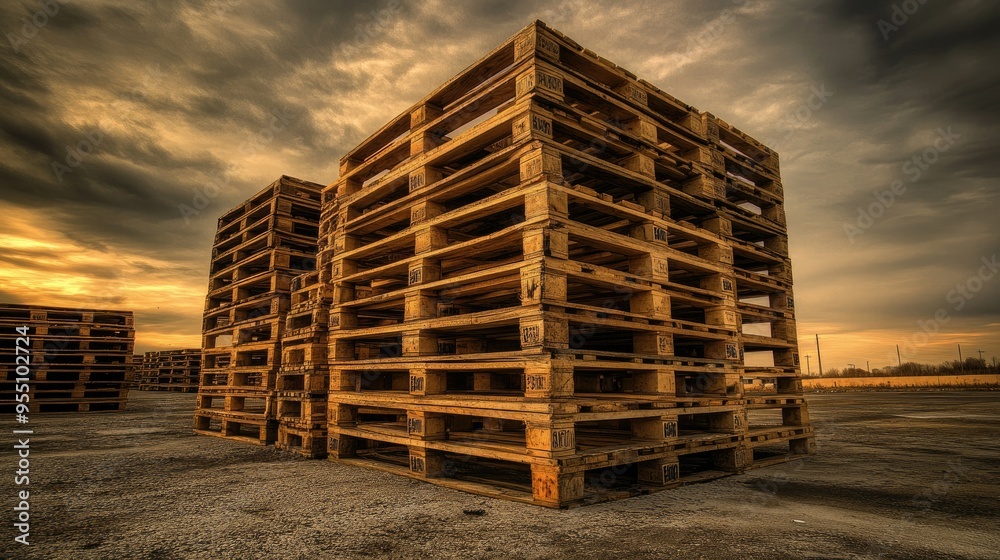 Stack of wooden pallets piled high in an industrial yard, with a cloudy sky above Stack of wooden pallets piled high in an industrial yard, with a cloudy sky above