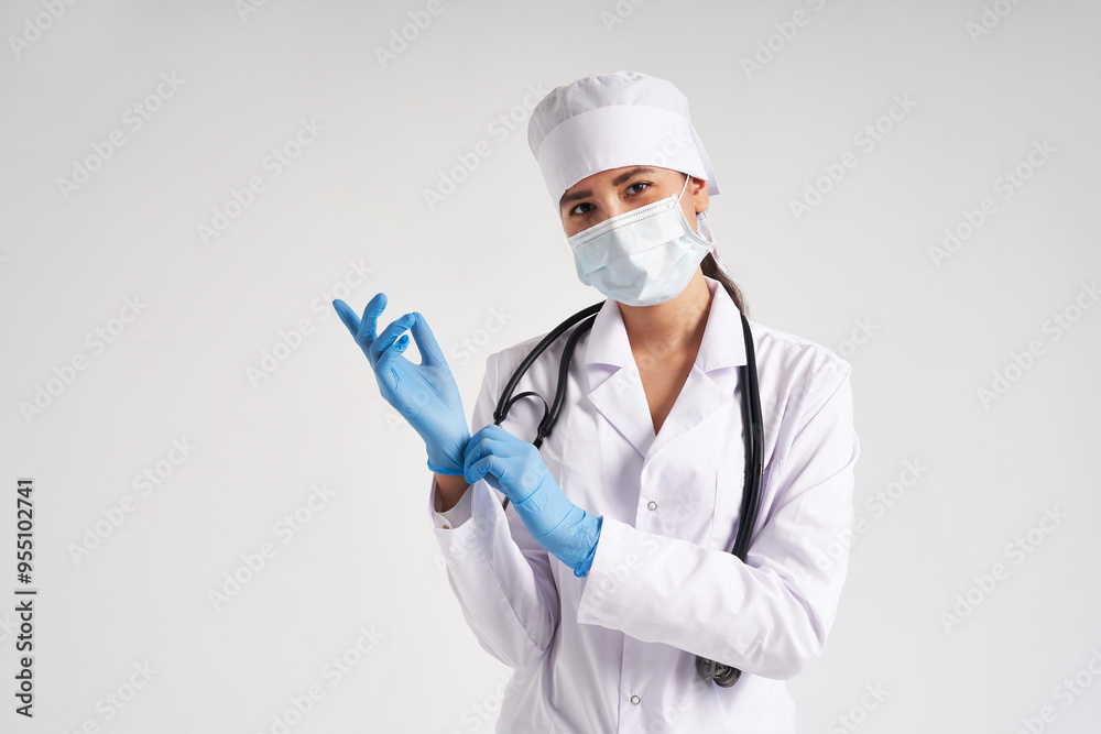 Young doctor putting on surgical gloves over white background Young doctor putting on surgical gloves over white background