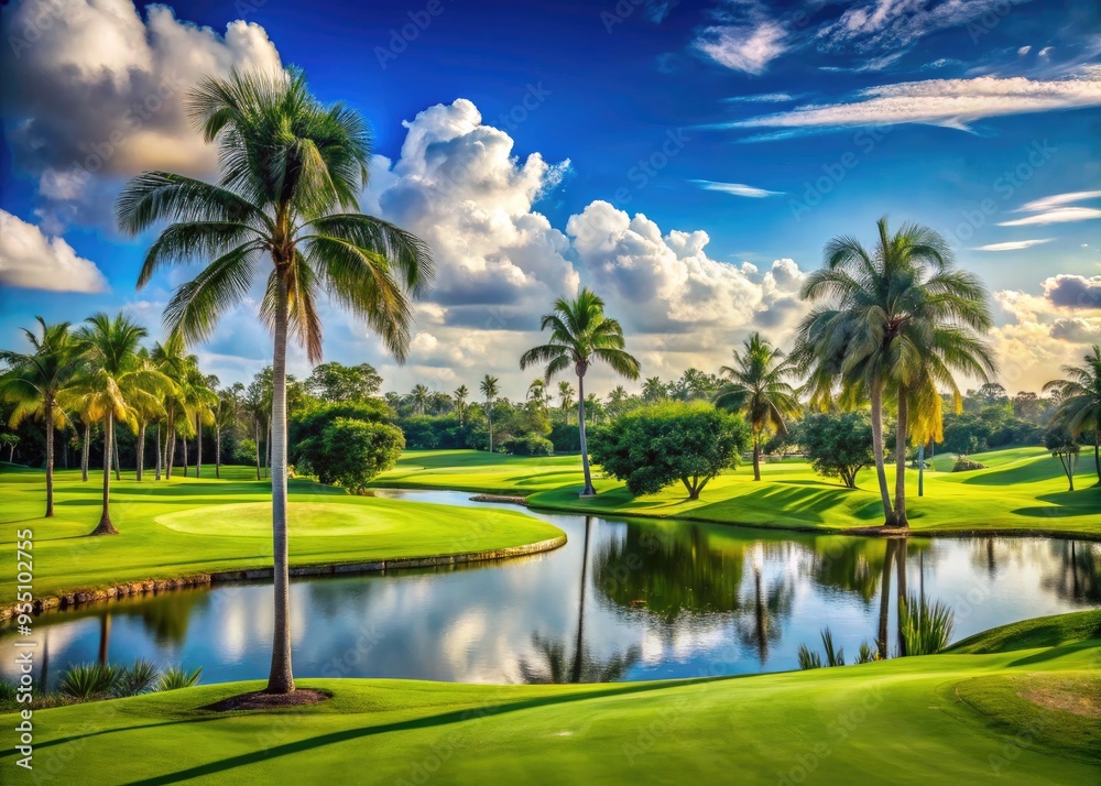 Fototapeta premium Luxurious resort-style golf course with manicured greens, palm trees, and a serene blue sky, epitomizing tranquility and exclusivity in a tropical Miami suburb setting.