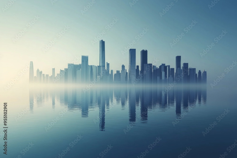Minimalist city skyline with reflection. 