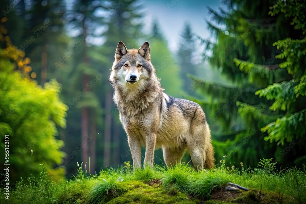 Majestic gray wolf, also known as lobo, stands proudly in a lush green meadow, surrounded by tall trees, with a serene and wild expression. Majestic gray wolf, also known as lobo, stands proudly in a lush green meadow, surrounded by tall trees, with a serene and wild expression.