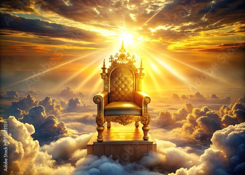 Majestic golden light surrounds regal throne, adorned with celestial clouds and radiant halos, evoking awe-inspiring reverence for a supreme, omnipotent divine authority.