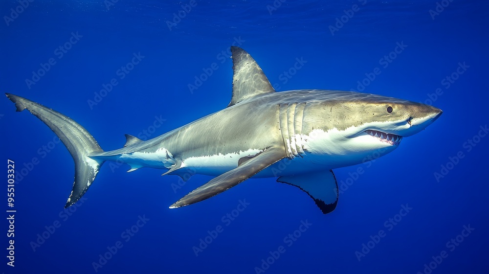 A majestic shark swimming gracefully through clear blue waters. A majestic shark swimming gracefully through clear blue waters.