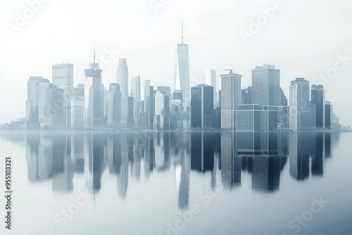 Minimalist city skyline with reflection. 