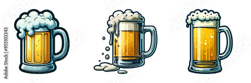 Set of frothy beer mugs in vector style, ideal for pub, bar, and Oktoberfest-themed designs.