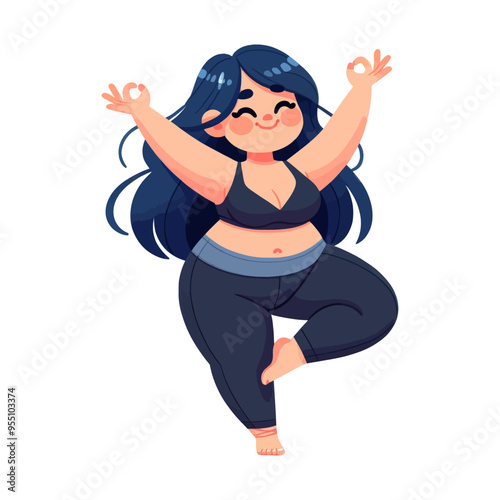 Vector illustration of a joyful curvy woman doing yoga, embracing body positivity and self-love.