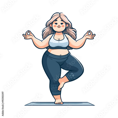 Vector illustration of a curvy woman practicing yoga in a tree pose, embracing body positivity and mindfulness.