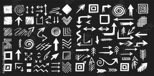 Arrow line chalk hand drawn brush vector set. Grunge square, spiral, arrow element scribble line brush hand drawn sketch design. Grunge abstract chalk, crayon pencil style. Vector illustration