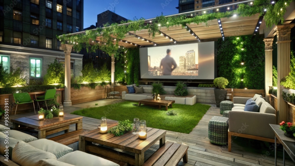Fototapeta premium Outdoor Rooftop Cinema with Lush Greenery and Cozy Seating