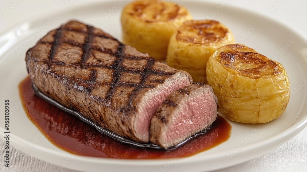 Grilled steak with roasted potatoes, beautifully arranged on a white plate Grilled steak with roasted potatoes, beautifully arranged on a white plate