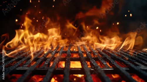 Blazing fire in barbecue. Empty grill grate in fire pit or hearth for cooking meat steak or chicken