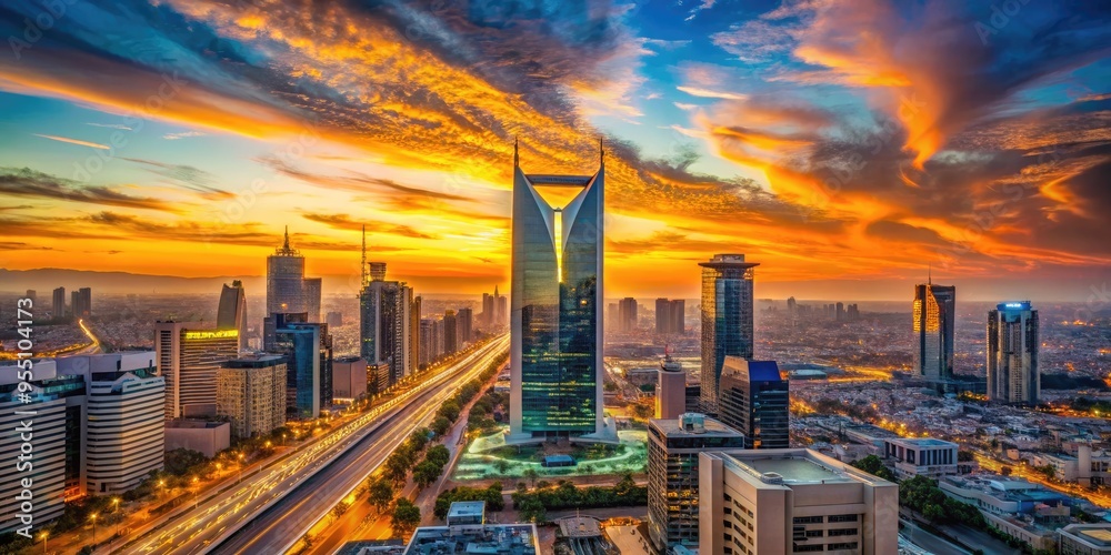 Fototapeta premium Majestic twilight skyline of Riyadh's Financial District, with sleek skyscrapers and majestic arches, set against a vibrant orange and blue Saudi Arabian sunset.