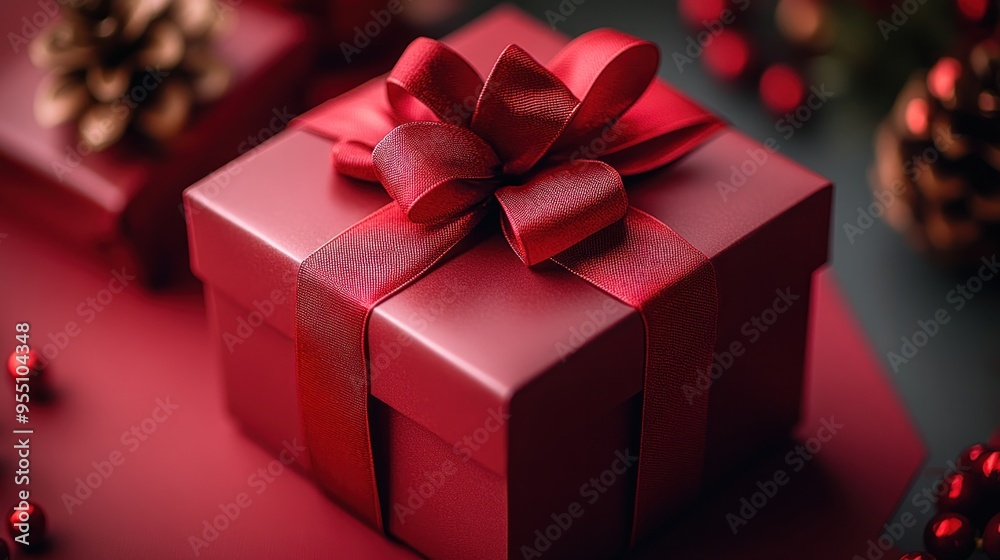 A vibrant red gift box with elegant ribbon awaits unwrapping during the holidays