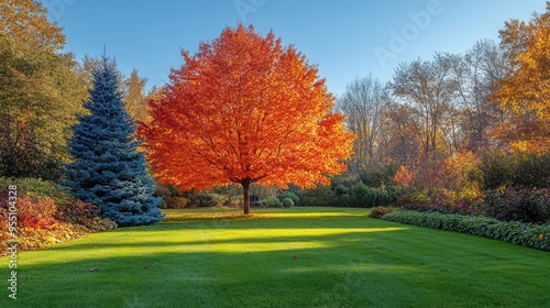 autumn landscape featuring a vibrant red oak tree alongside a blue spruce lush foliage and contrasting colors create a picturesque scene in a wellmanicured garden set against a clear sky backdrop