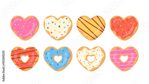Heart Shape Donuts Vector Collection. Top View Isolated Pastry Set. Sweet Doughnuts with Color Sugar Glaze and Sprinkles.