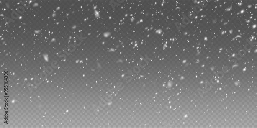 Abstract christmas winter background from snowflakes blown by the wind on a background. White dust light png. Heavy snowfall, snowflakes in different shapes and forms.