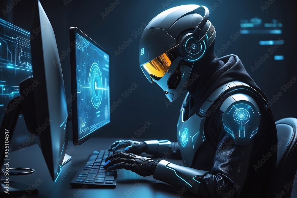the robot importance of cyber security and digital protection in the modern business landscape. Use futuristic and sleek technology designs to convey a sense of advanced protection and security the robot importance of cyber security and digital protection in the modern business landscape. Use futuristic and sleek technology designs to convey a sense of advanced protection and security