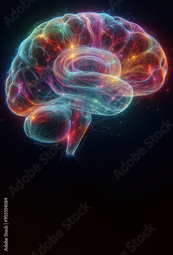 Hologram of the brain. Wireframe glowing low poly design on dark background, healthy brain concept