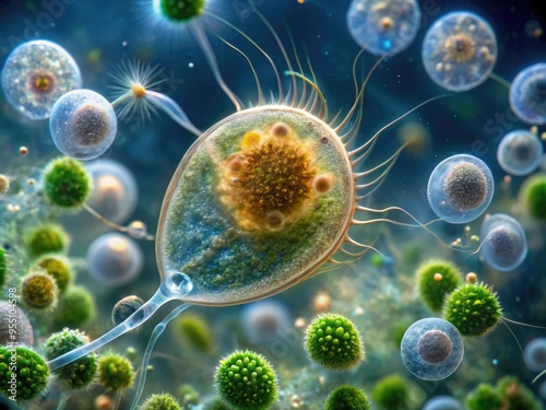 Microscopic view of a Vorticella, a type of bell-shaped protozoan, swimming with its cilia, surrounded by bacterial prey and debris in a freshwater environment. photo