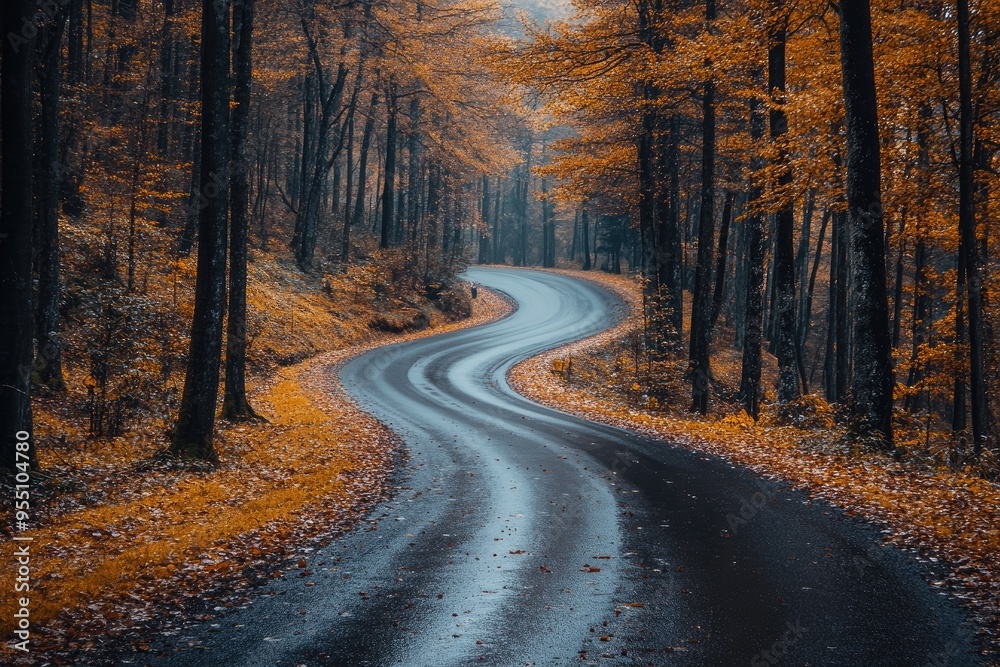 Obraz premium Winding asphalt road leading through autumn forest