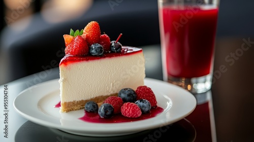 Delicious cheesecake slice with fresh berries and a glass of juice.