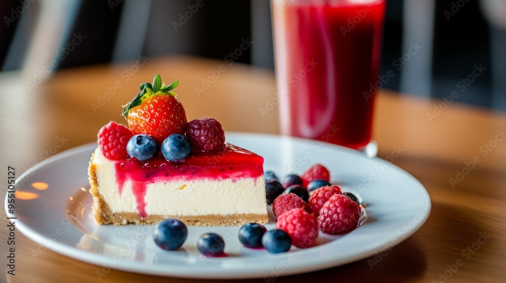Delicious cheesecake with fresh berries and a glass of juice. Delicious cheesecake with fresh berries and a glass of juice.