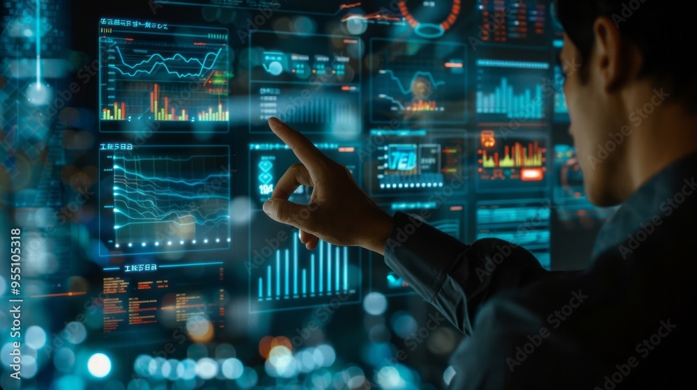 A man is pointing at a computer screen with a lot of graphs and numbers