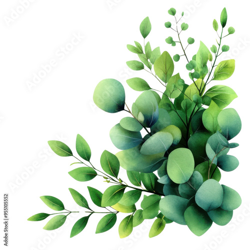 A vibrant green foliage arrangement showcasing various leaves and botanical elements, perfect for nature-themed designs.