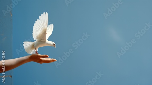 Wallpaper Mural Praying hands and white dove flying happily on blurred background. Neural network ai generated art Torontodigital.ca