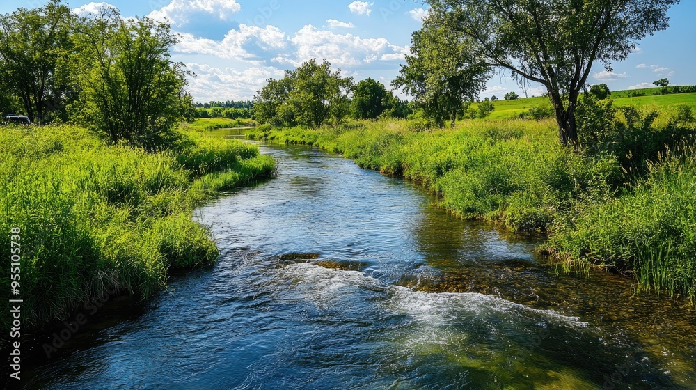 Tranquil river with lush green banks and clear water flowing gently, creating a serene summer setting Tranquil river with lush green banks and clear water flowing gently, creating a serene summer setting