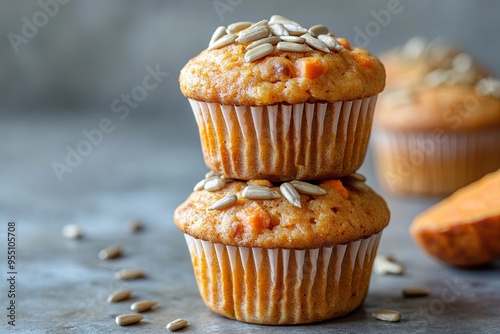 Two pumpkin muffins with sunflower seeds on top, stacked on a gray background, next to a slice of pumpkin.