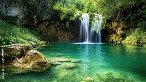 Tranquil waterfall flowing into a crystal-clear pool surrounded by lush vegetation, ideal for a natural and serene scene